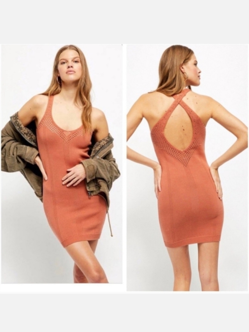 FREE PEOPLE Knockout Sun Blossom Orange Rust Fall Crochet Mini Dress Small